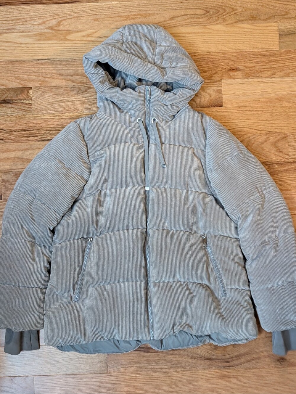 Sam Edelman Grey Corduroy Puffer Jacket Hooded Funnel Neck Coat Womens Sz Medium